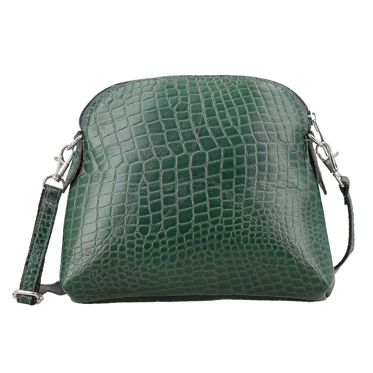 Genuine Leather Croc Embossed Crossbody Bag - Green