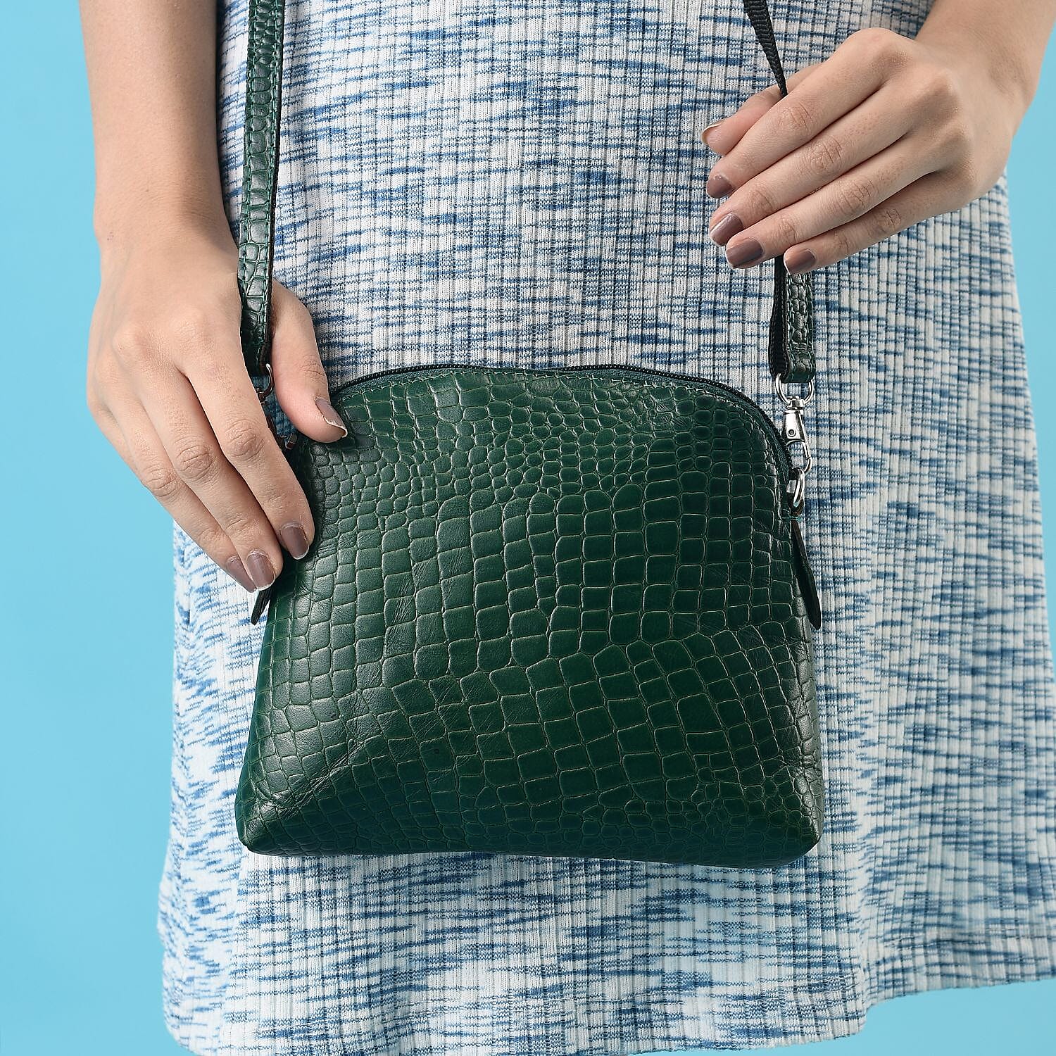 Genuine Leather Croc Embossed Crossbody Bag - Green
