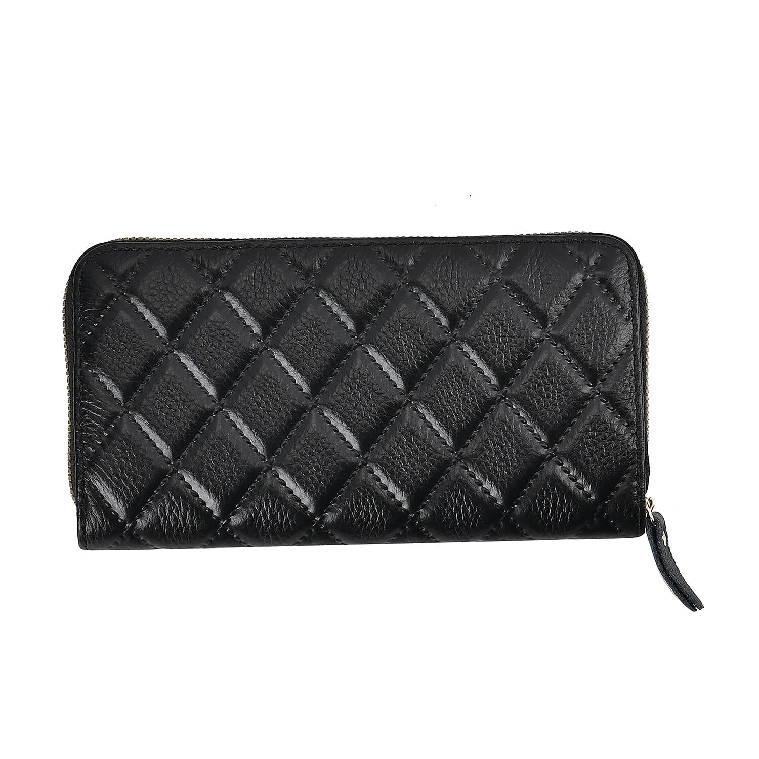 Genuine Leather Wallet with Embossed Rhombus Pattern & RFID Blocking - Black