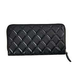 Genuine Leather Wallet with Embossed Rhombus Pattern & RFID Blocking - Black