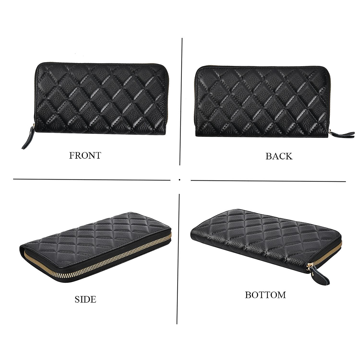 Genuine Leather Wallet with Embossed Rhombus Pattern & RFID Blocking - Black
