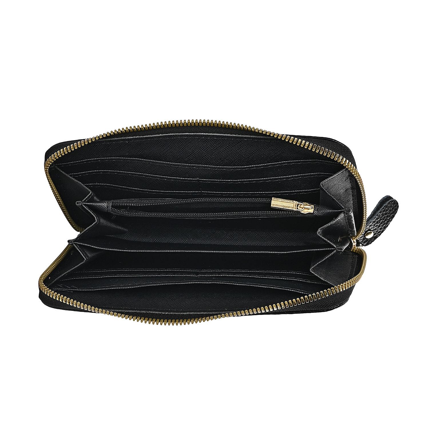 Genuine Leather Wallet with Embossed Rhombus Pattern & RFID Blocking - Black