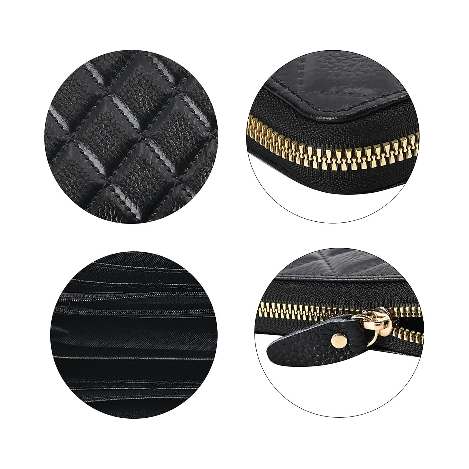 Genuine Leather Wallet with Embossed Rhombus Pattern & RFID Blocking - Black