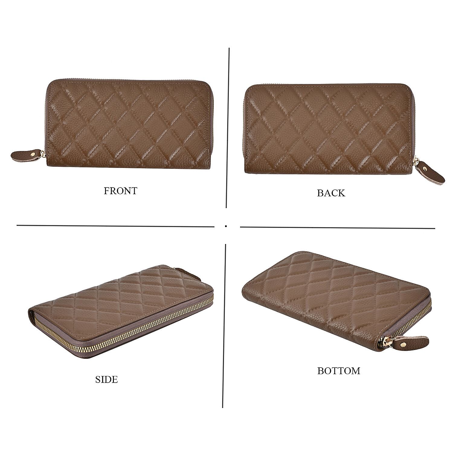 Genuine Leather Wallet with Embossed Rhombus Pattern - RFID Blocking - Brown