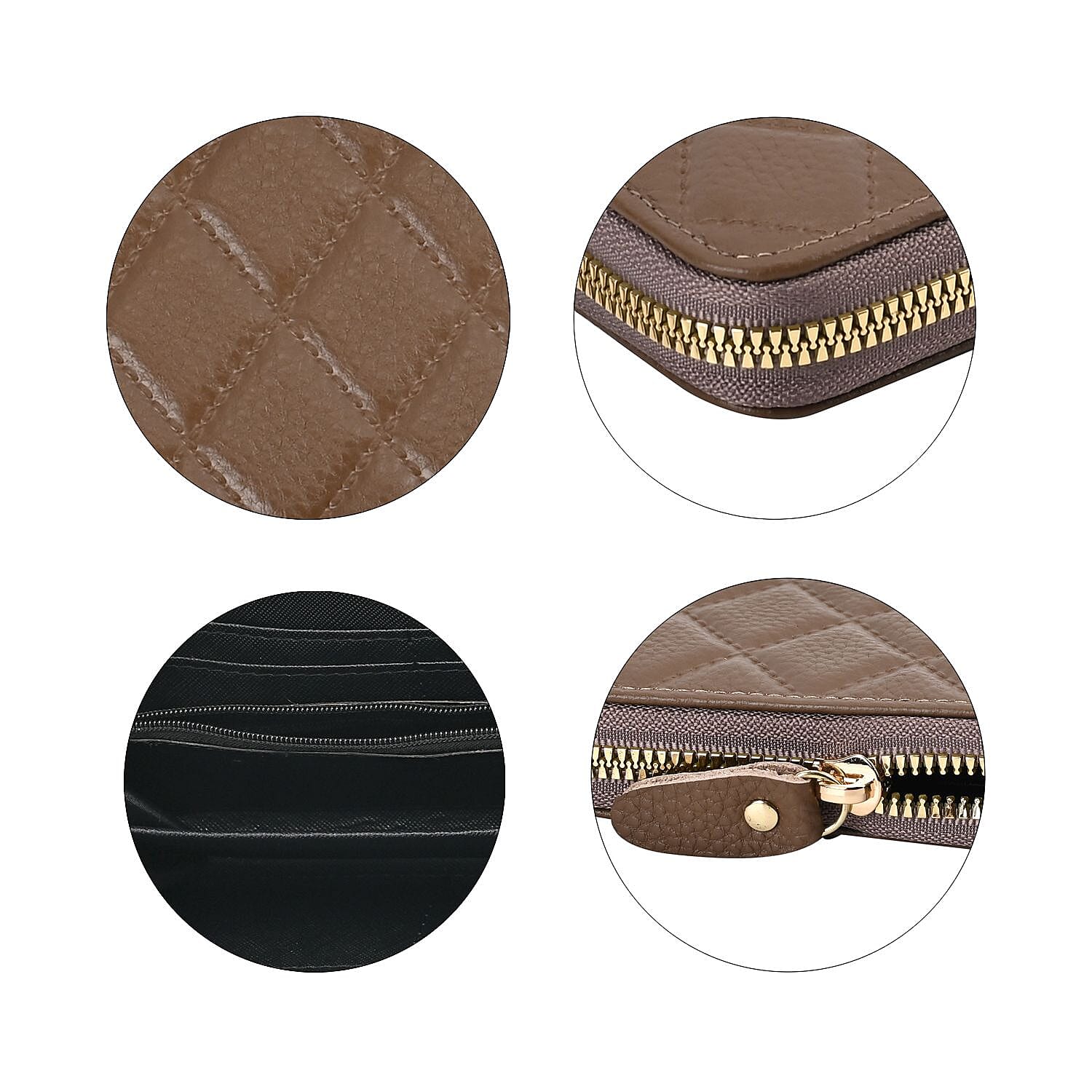 Genuine Leather Wallet with Embossed Rhombus Pattern - RFID Blocking - Brown