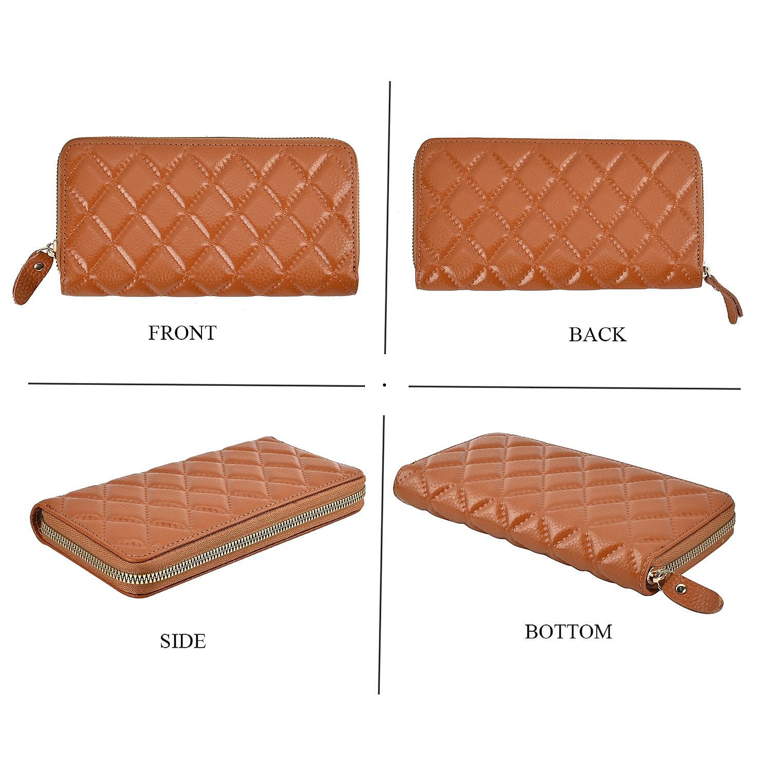 Genuine Leather Wallet with Embossed Rhombus Pattern - RFID Blocking - Tan