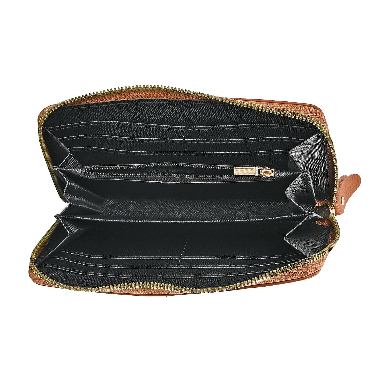 Genuine Leather Wallet with Embossed Rhombus Pattern - RFID Blocking - Tan