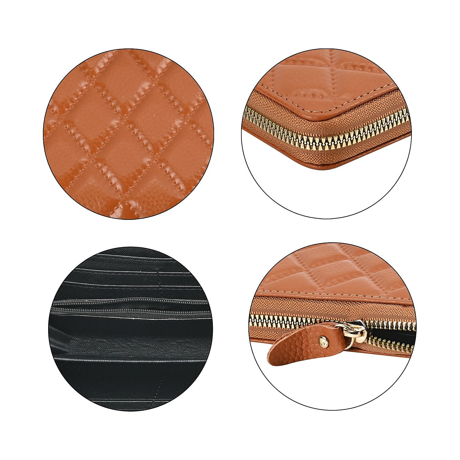 Genuine Leather Wallet with Embossed Rhombus Pattern - RFID Blocking - Tan