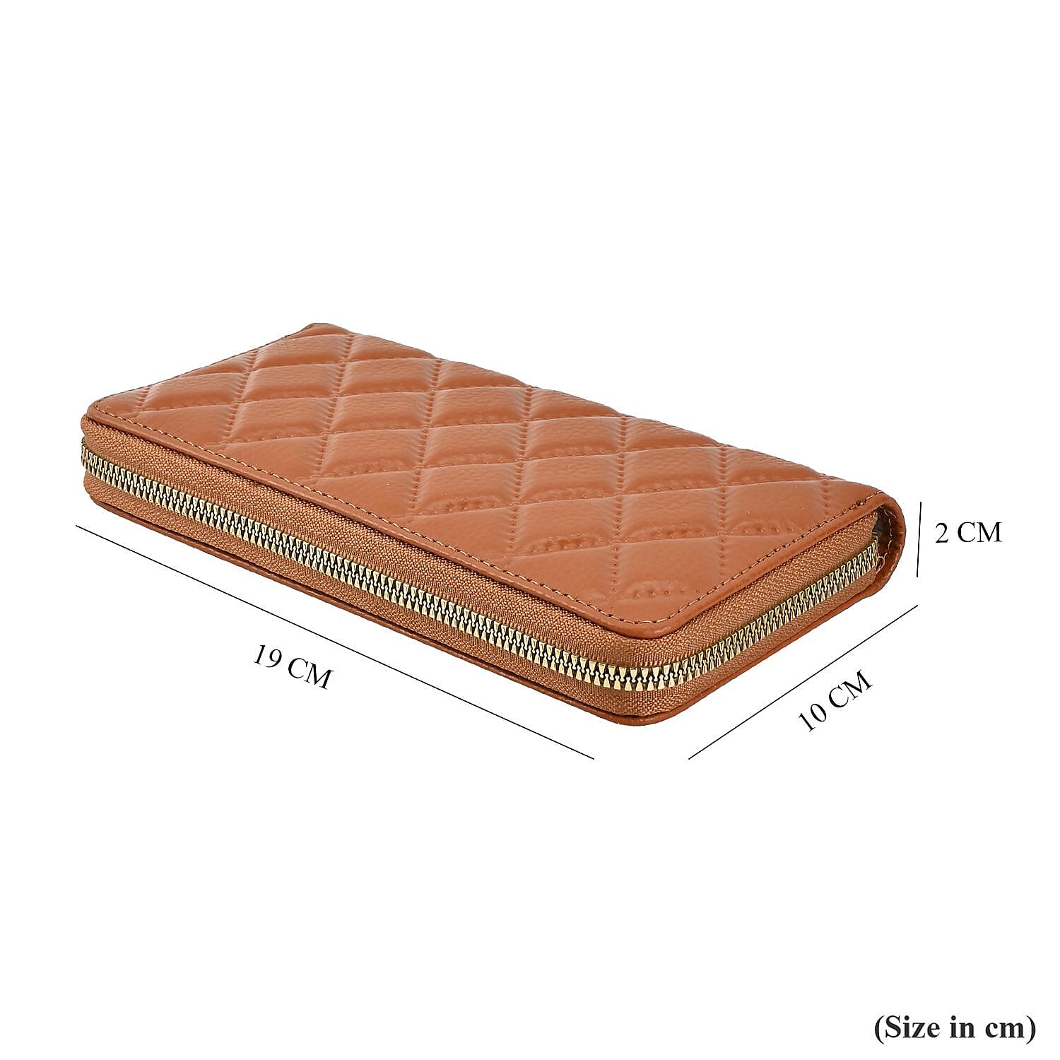 Genuine Leather Wallet with Embossed Rhombus Pattern - RFID Blocking - Tan