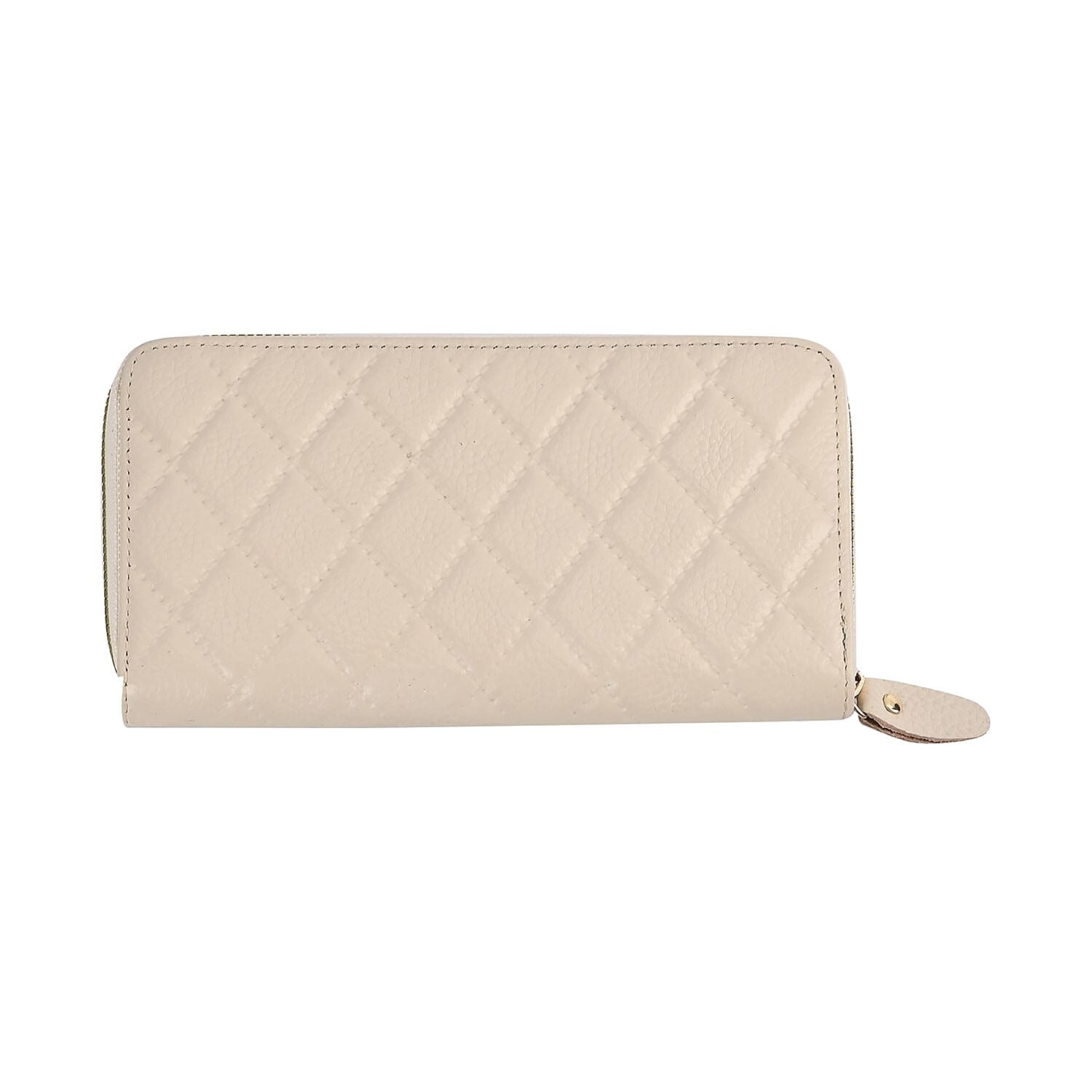 Genuine Leather Wallet with Embossed Rhombus Pattern & RFID Blocking - Cream