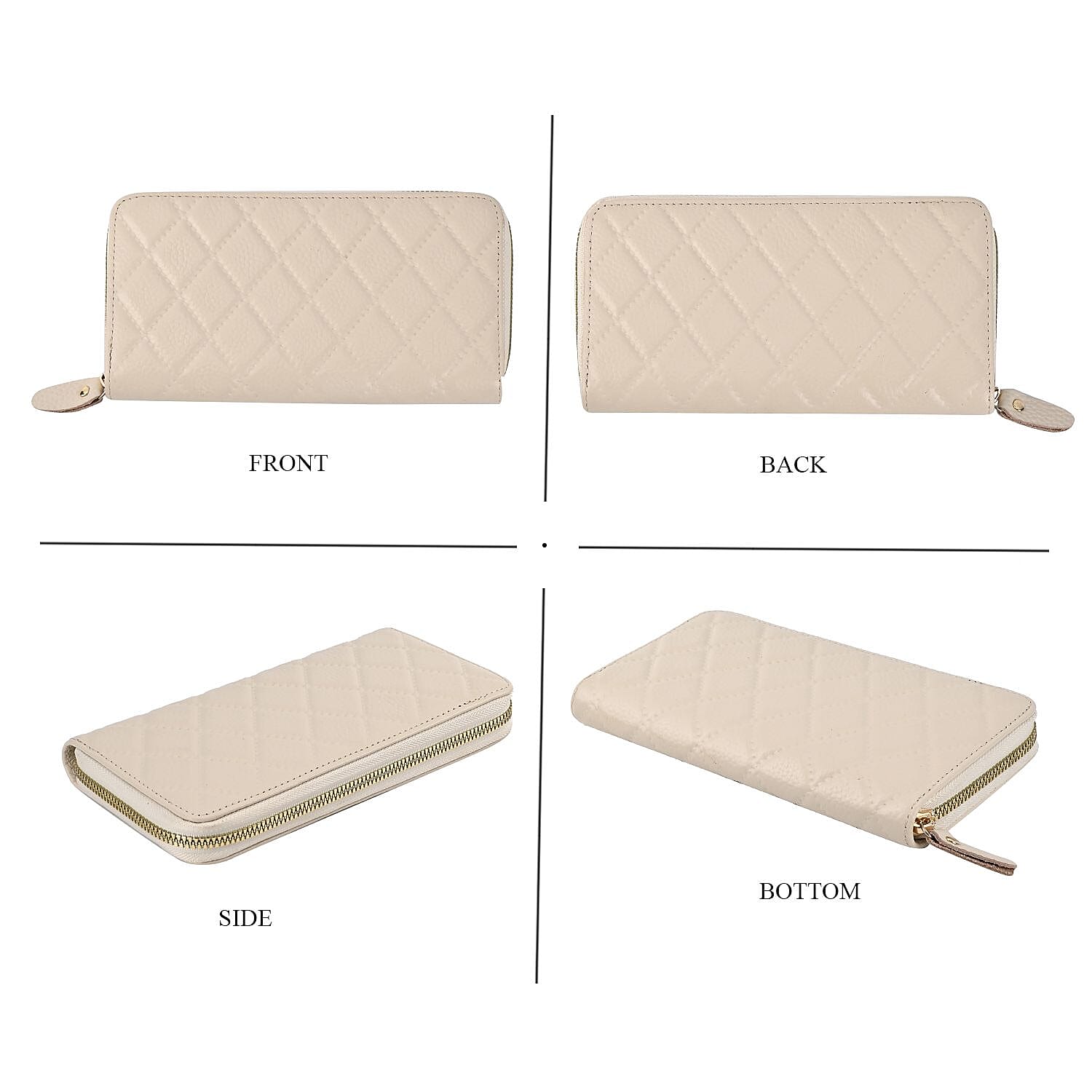 Genuine Leather Wallet with Embossed Rhombus Pattern & RFID Blocking - Cream