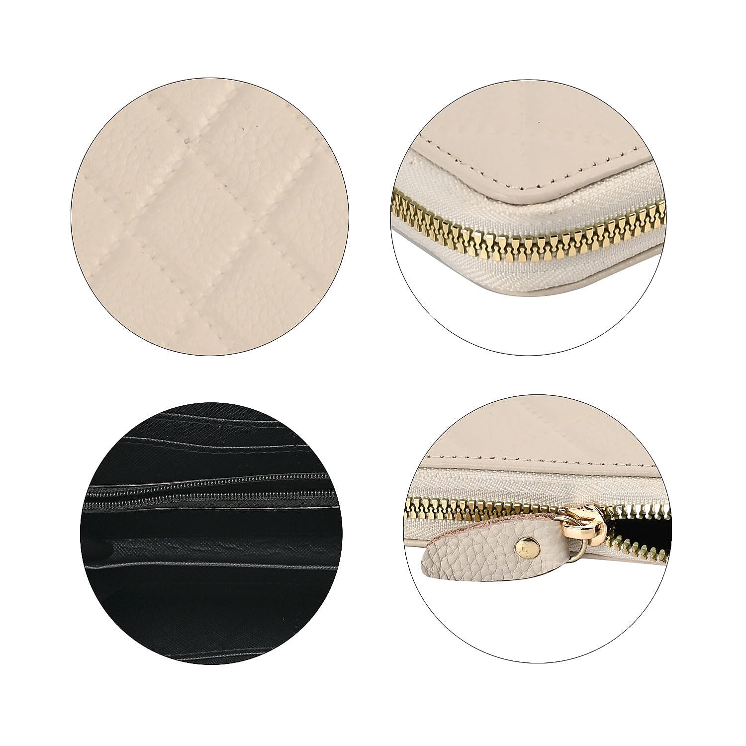 Genuine Leather Wallet with Embossed Rhombus Pattern & RFID Blocking - Cream