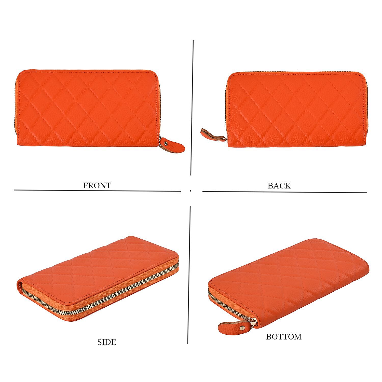 Genuine Leather Wallet with Embossed Rhombus Pattern - RFID Blocking - Orange