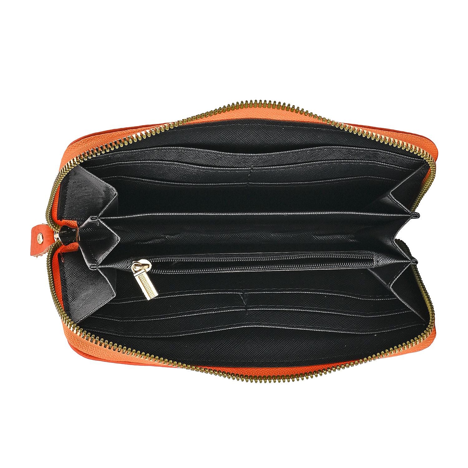 Genuine Leather Wallet with Embossed Rhombus Pattern - RFID Blocking - Orange