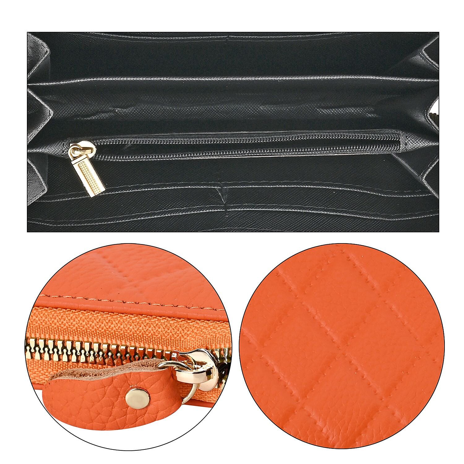 Genuine Leather Wallet with Embossed Rhombus Pattern - RFID Blocking - Orange