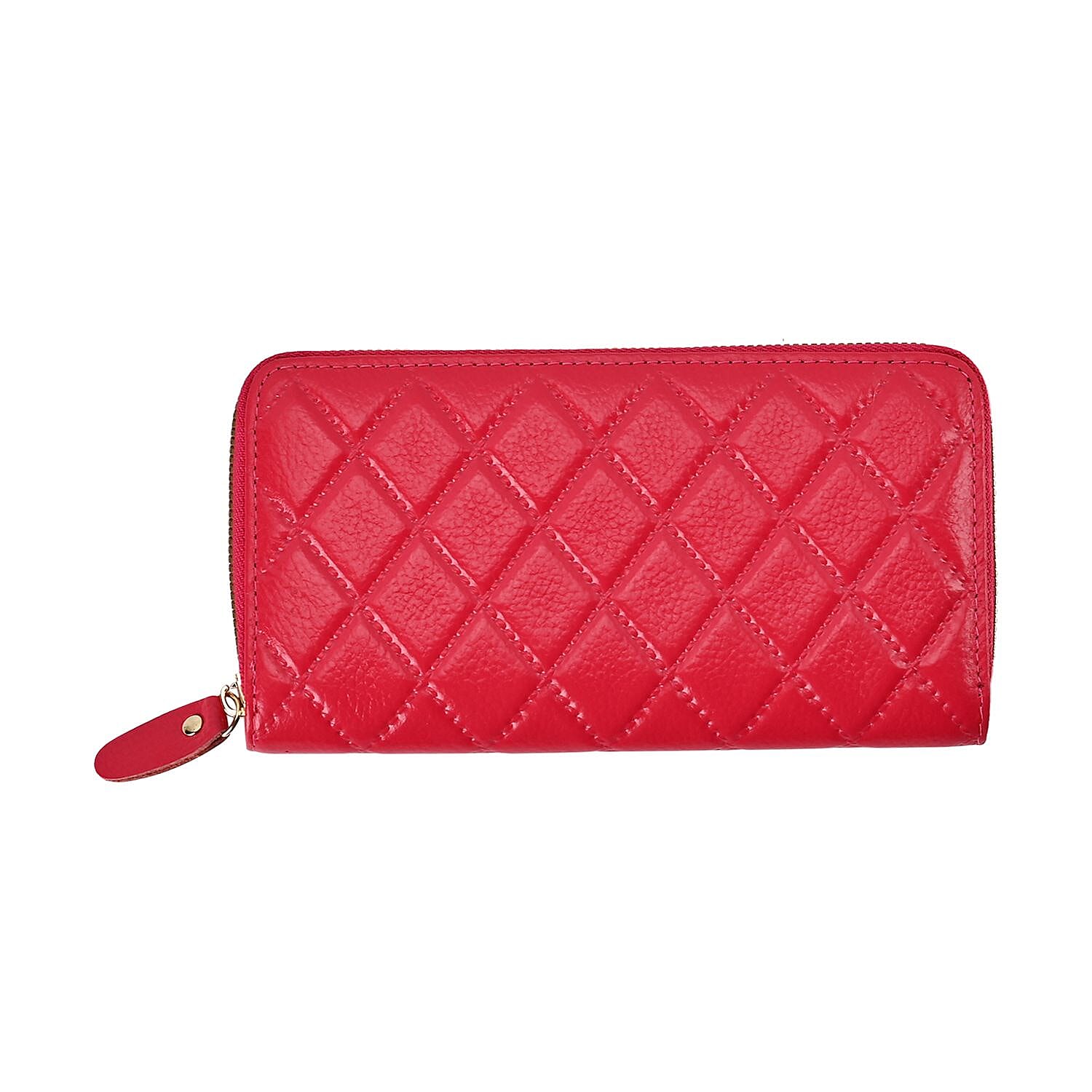 Genuine Leather Wallet with Embossed Rhombus Pattern & RFID Blocking - Pink