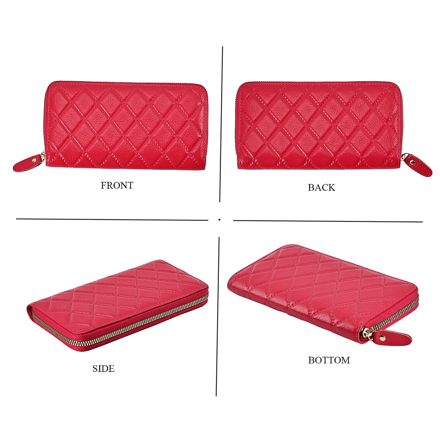 Genuine Leather Wallet with Embossed Rhombus Pattern & RFID Blocking - Pink