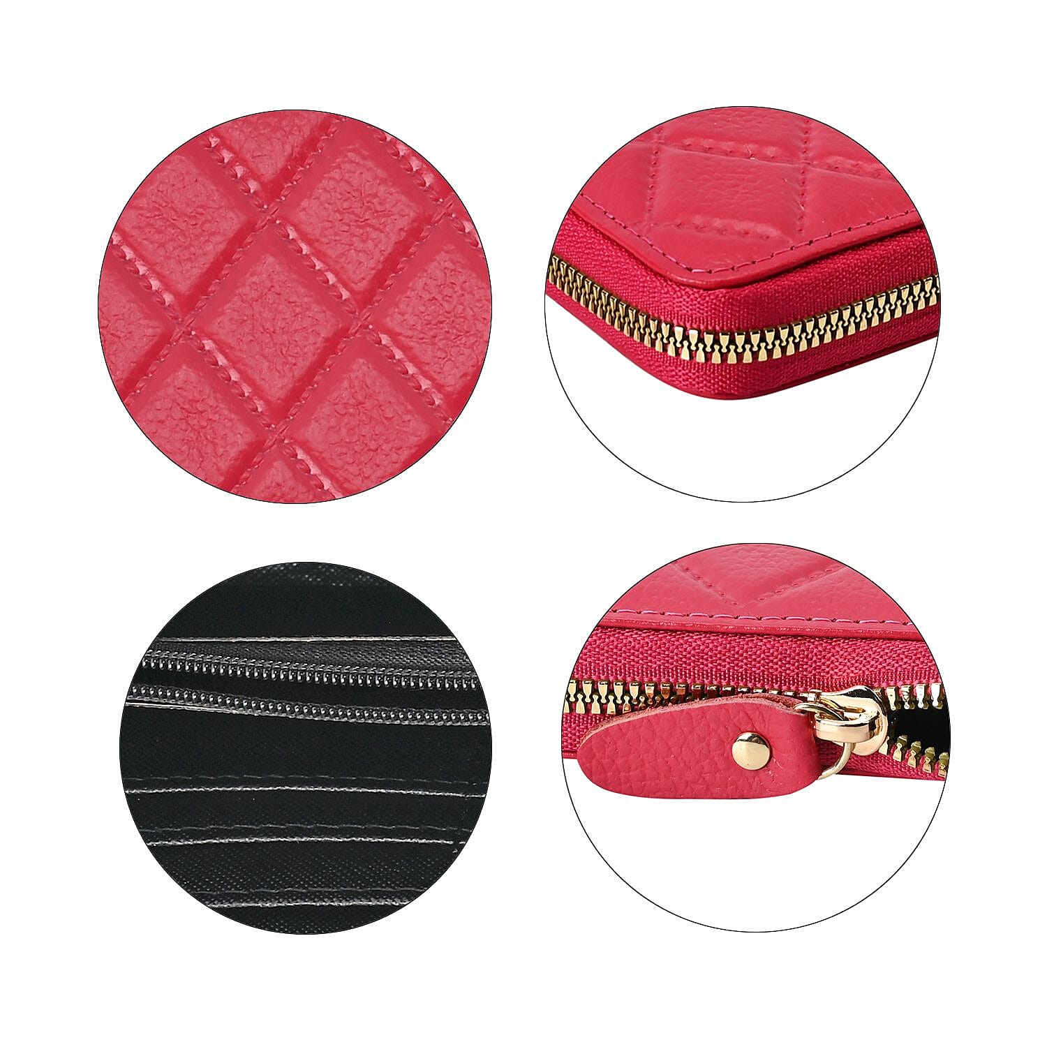 Genuine Leather Wallet with Embossed Rhombus Pattern & RFID Blocking - Pink