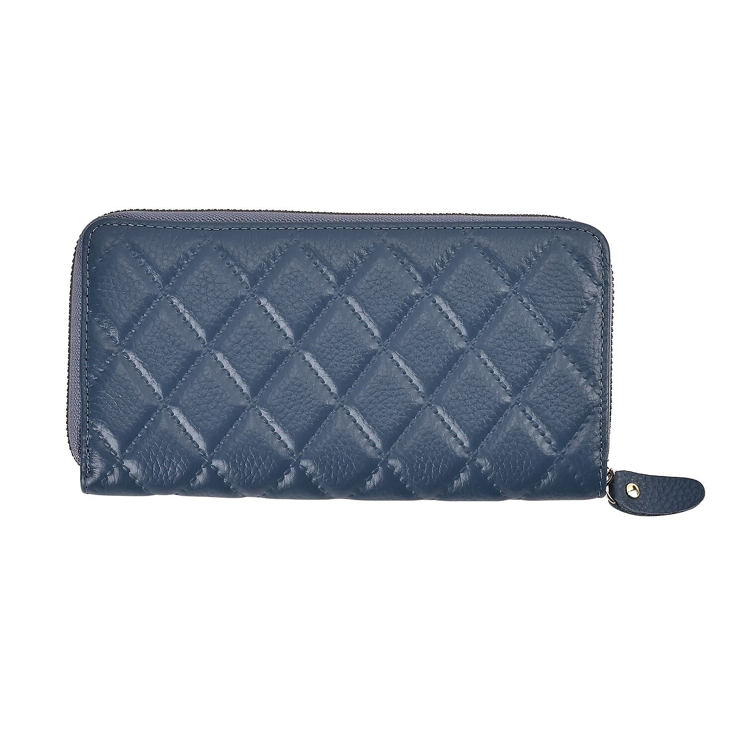Genuine Leather Wallet with Embossed Rhombus Pattern & RFID Blocking - Blue