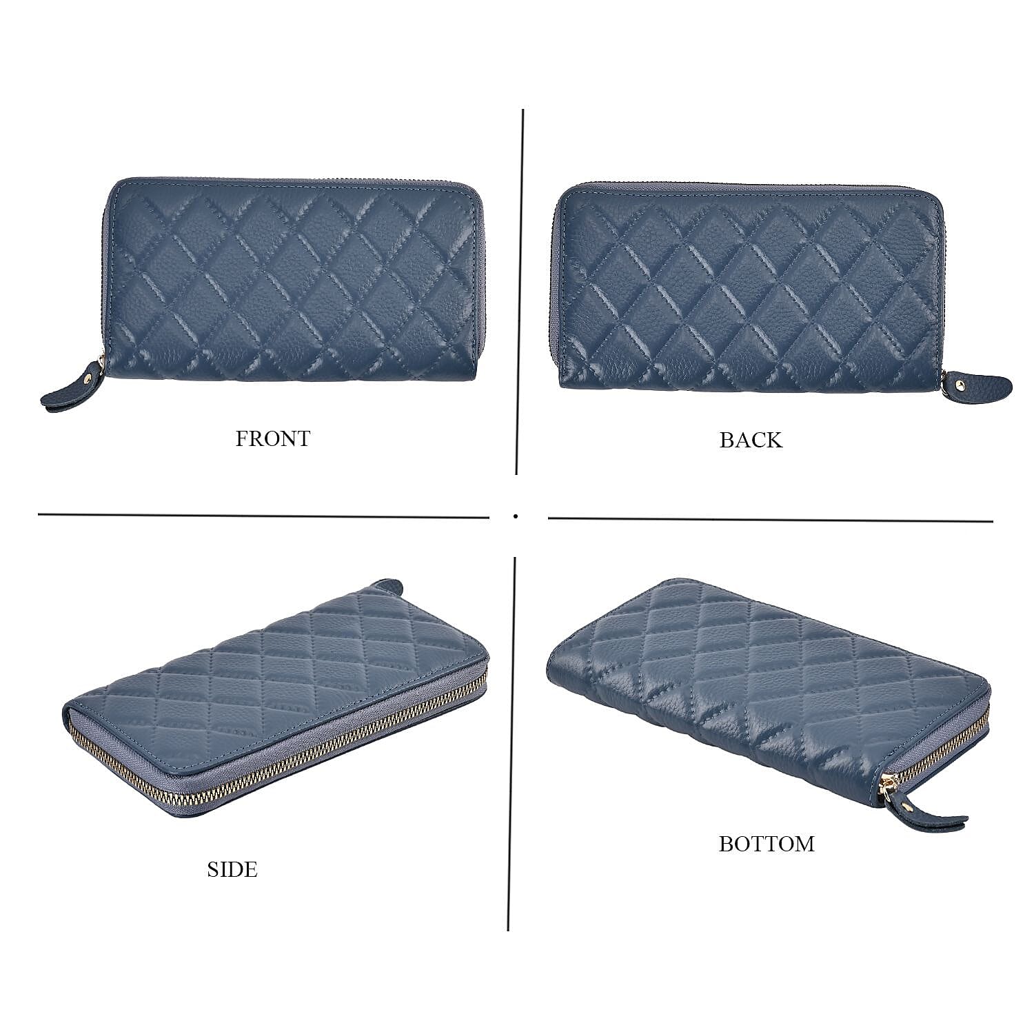 Genuine Leather Wallet with Embossed Rhombus Pattern & RFID Blocking - Blue