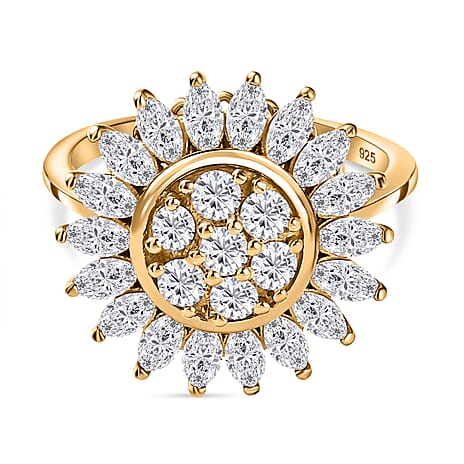 Moissanite Floral Ring in 18K Yellow Gold Vermeil Plated Sterling Silver 1.54 Ct.