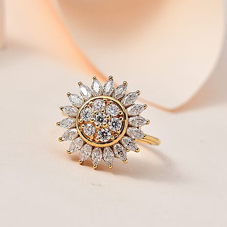 Moissanite Floral Ring in 18K Yellow Gold Vermeil Plated Sterling Silver 1.54 Ct.