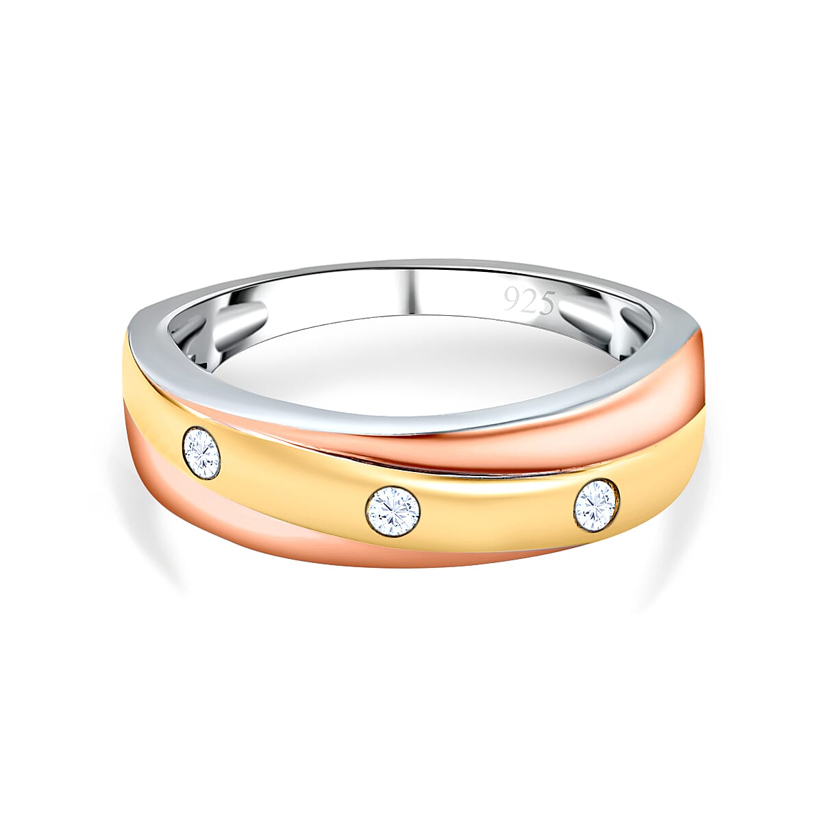 Moissanite 3 Stone Band Ring in Three Tone Plated Sterling Silver