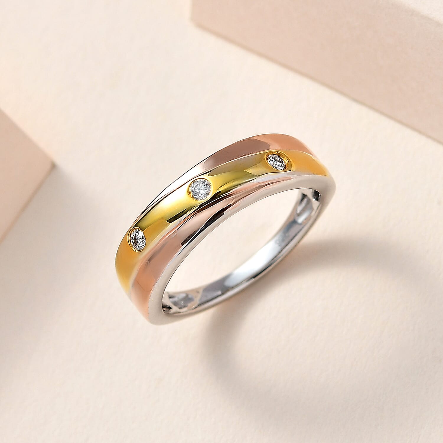 Moissanite 3 Stone Band Ring in Three Tone Plated Sterling Silver