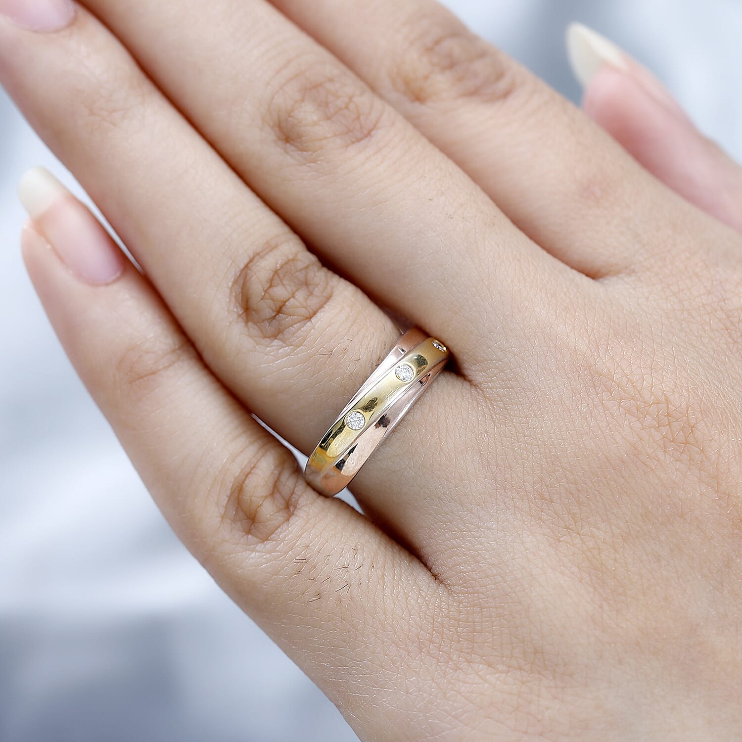 Moissanite 3 Stone Band Ring in Three Tone Plated Sterling Silver