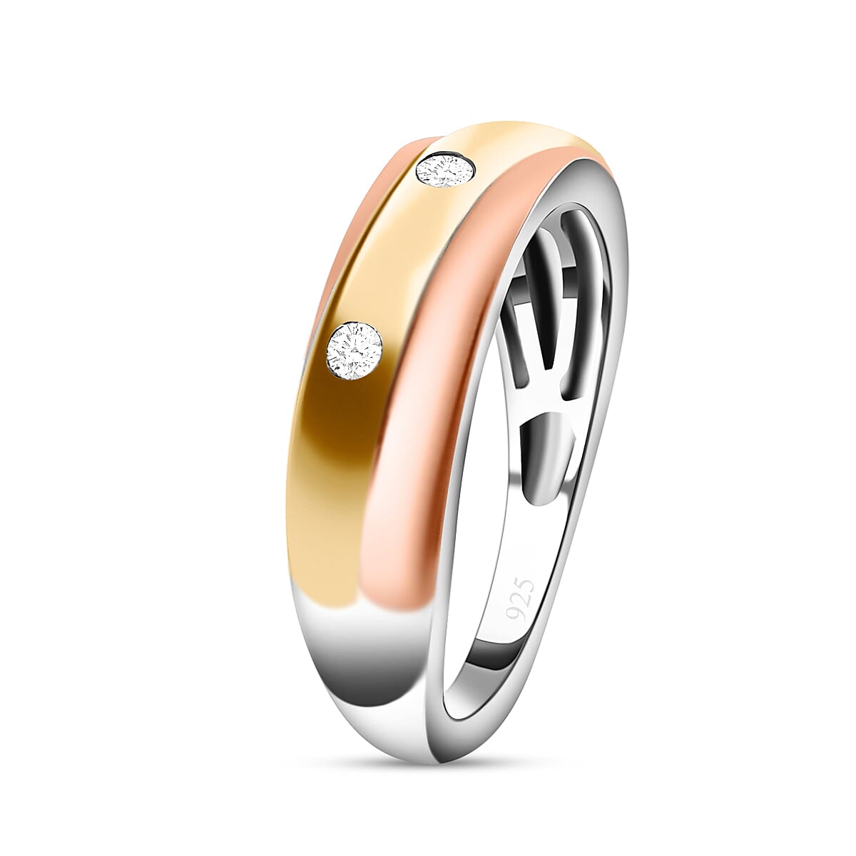 Moissanite 3 Stone Band Ring in Three Tone Plated Sterling Silver