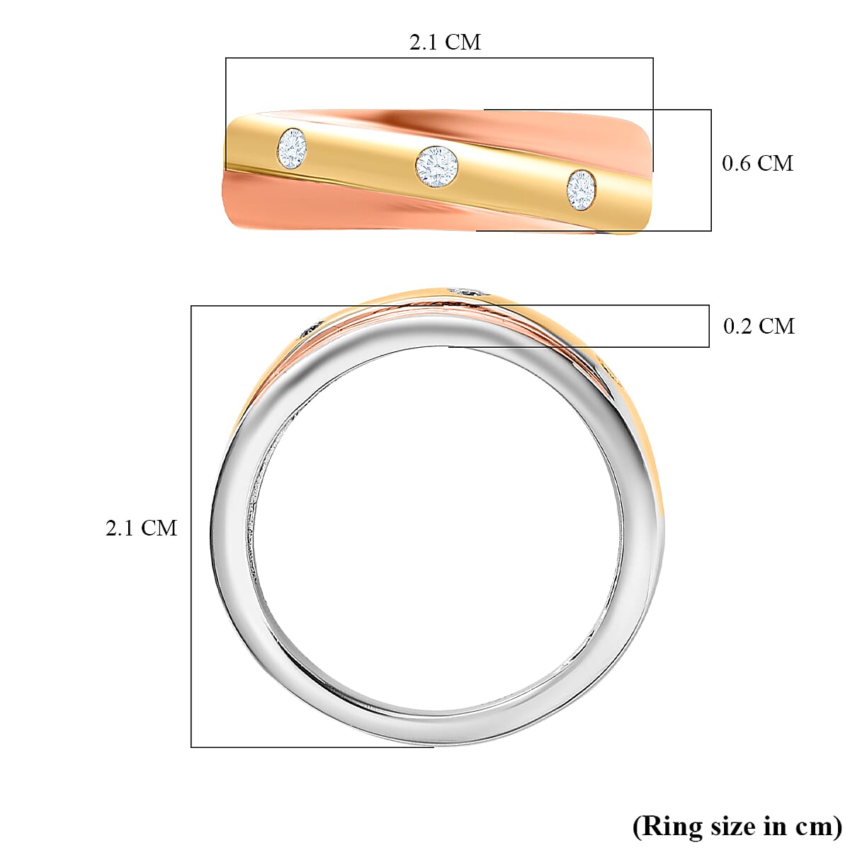 Moissanite 3 Stone Band Ring in Three Tone Plated Sterling Silver
