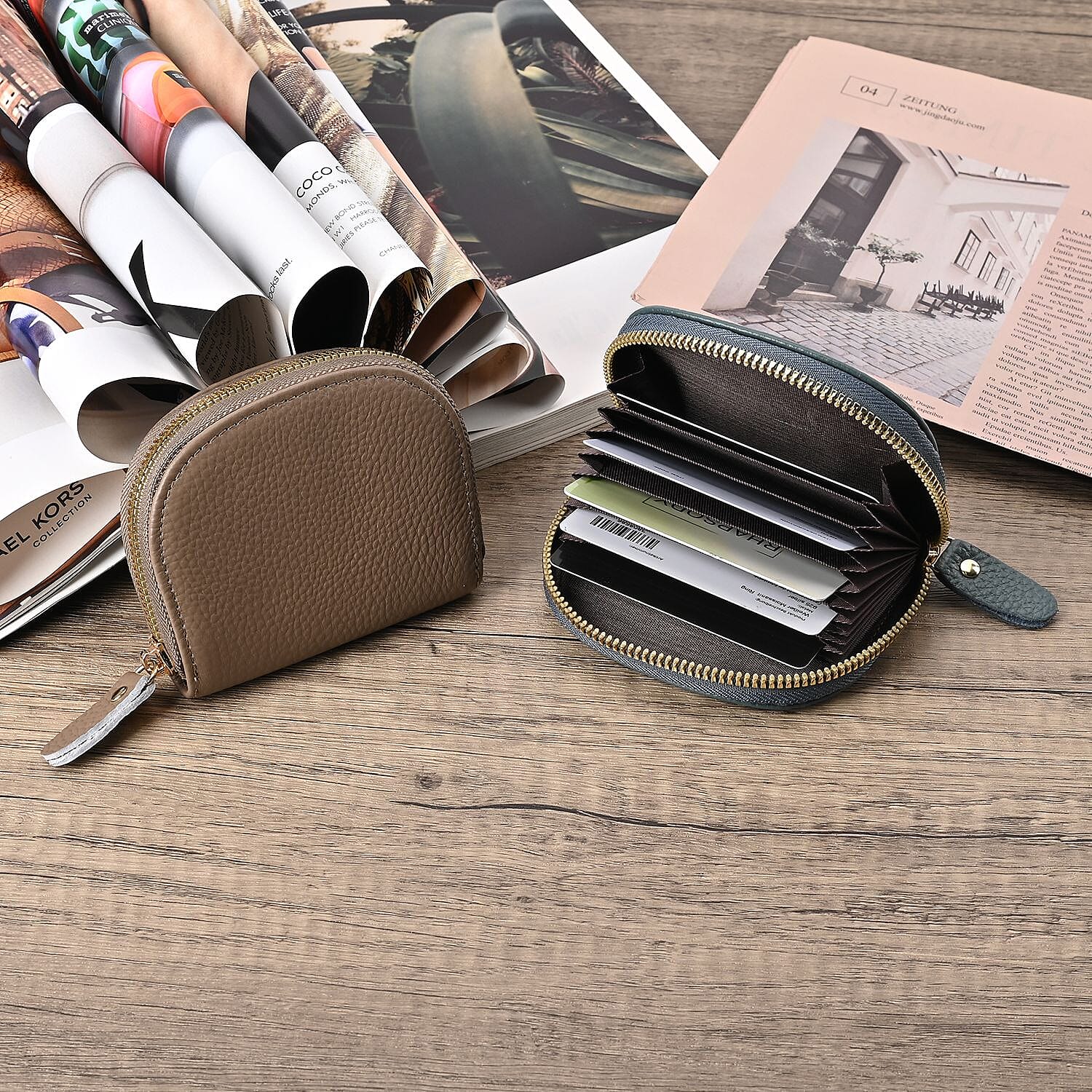 Set of 2 Genuine Leather Card Wallet with RFID Blocking & 10 Card Slots - Teal & Grey