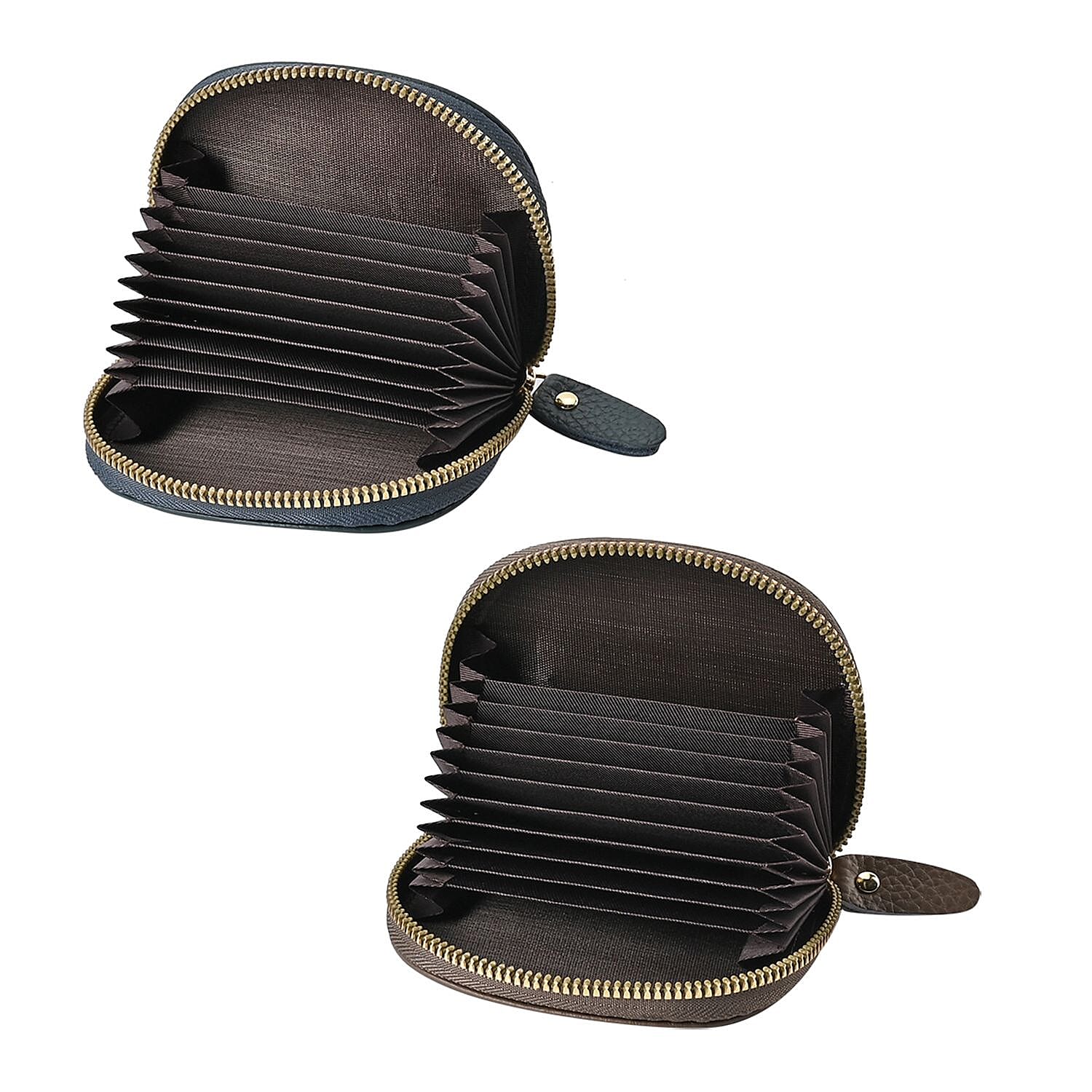 Set of 2 Genuine Leather Card Wallet with RFID Blocking & 10 Card Slots - Teal & Grey