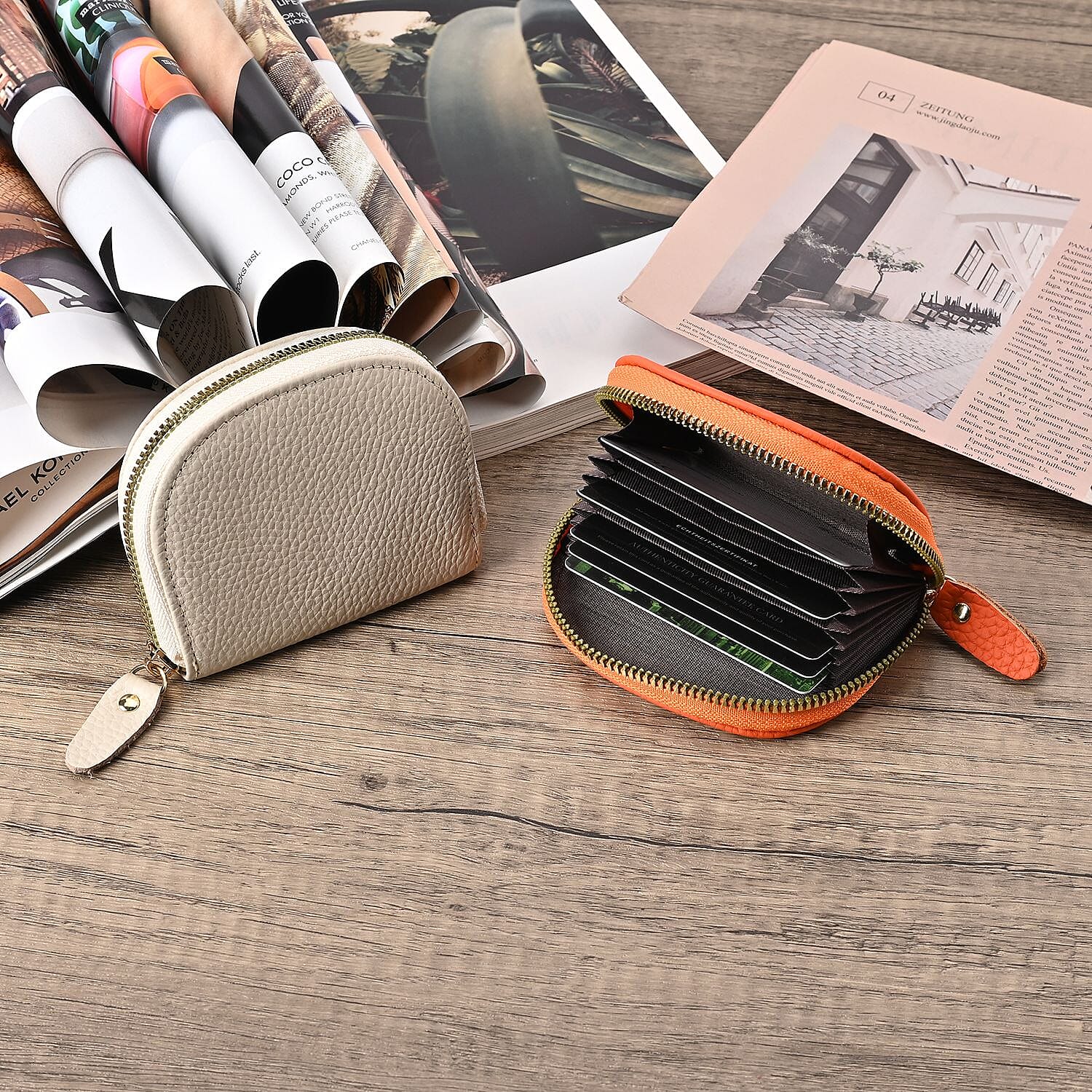 Set of 2 Genuine Leather Card Wallet with RFID Blocking & 10 Card Slots - Orange & Cream