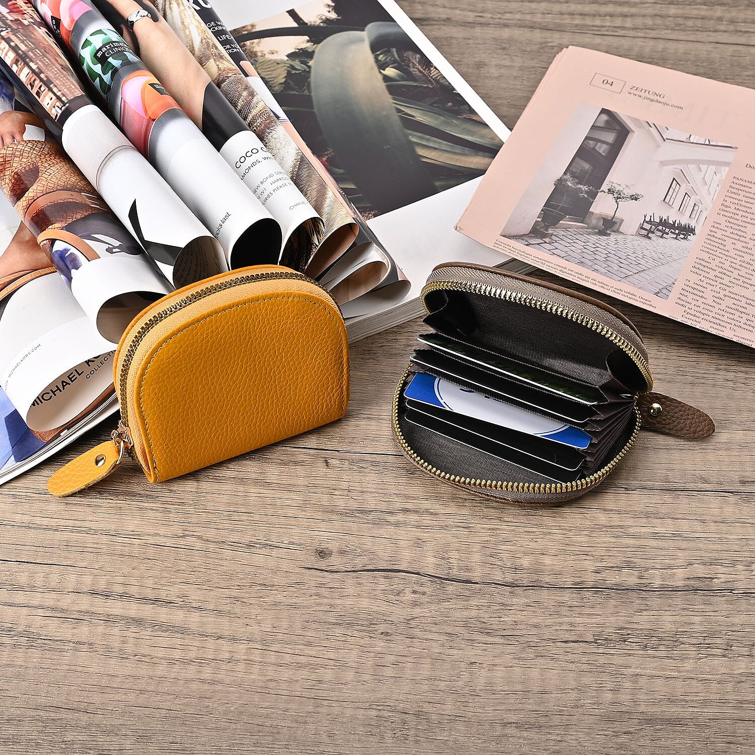 Set of 2 Genuine Leather Card Wallet with RFID Blocking & 10 Card Slots - Yellow & Khaki