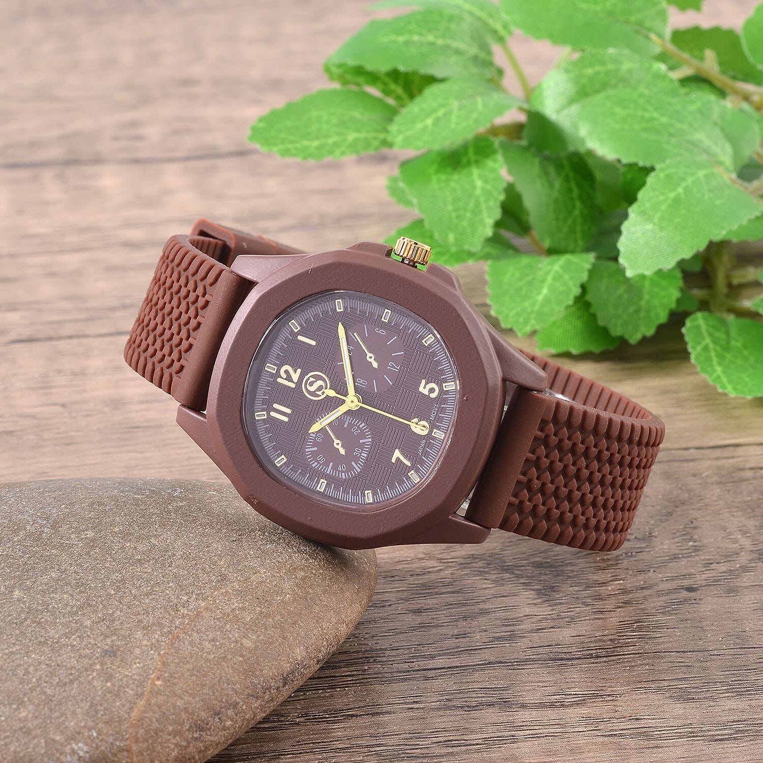 STRADA Japanese Movement Analog Watch With Brown Silicone Strap
