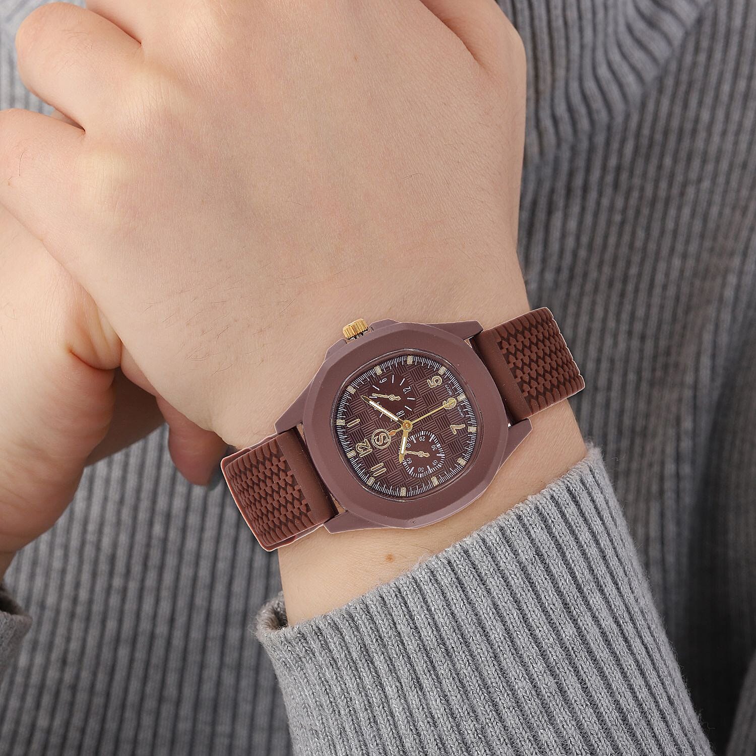 STRADA Japanese Movement Analog Watch With Brown Silicone Strap