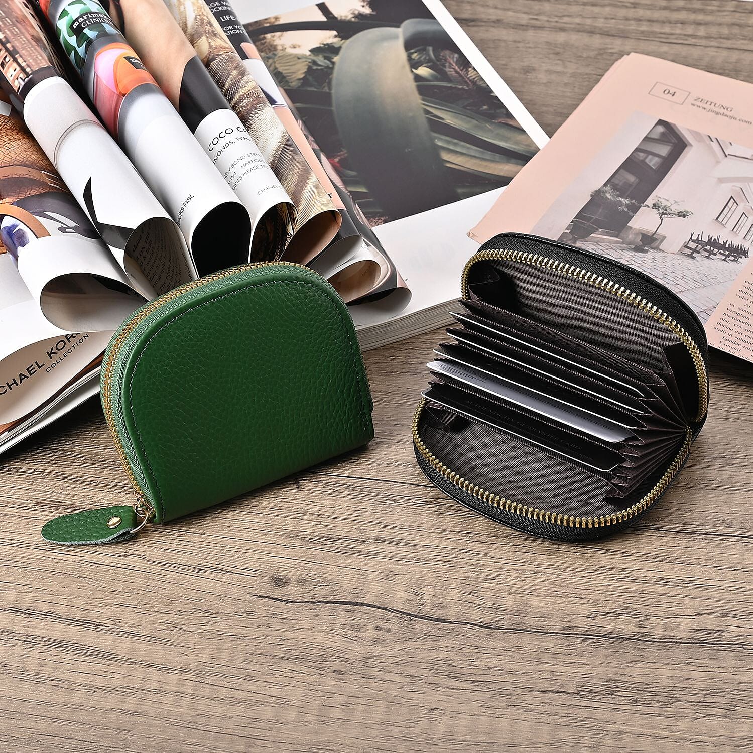 Set of 2 Genuine Leather Card Wallet with RFID Blocking & 10 Card Slots - Green & Black