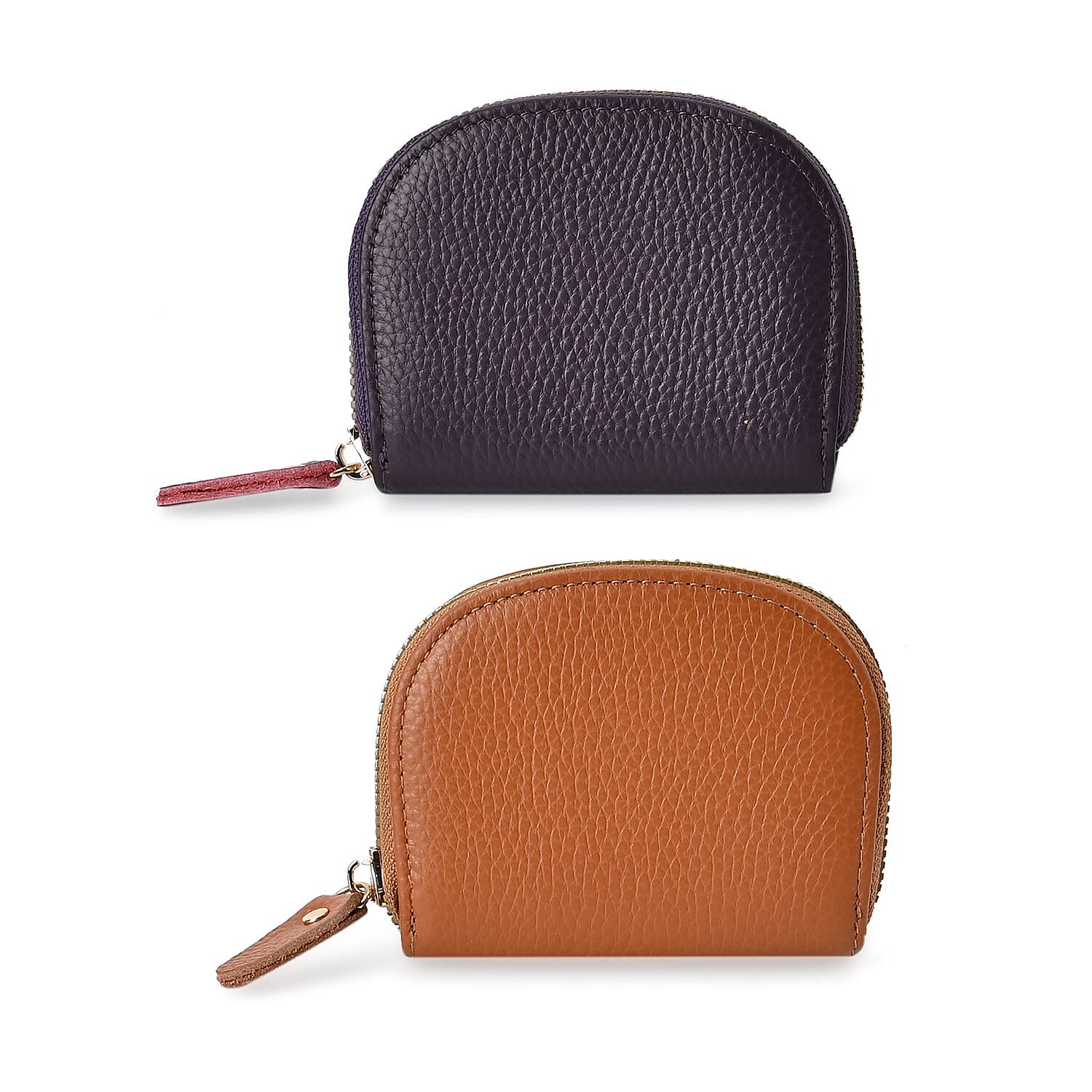 Set of 2 Genuine Leather Card Wallet with RFID Blocking & 10 Card Slots - Tan & Purple