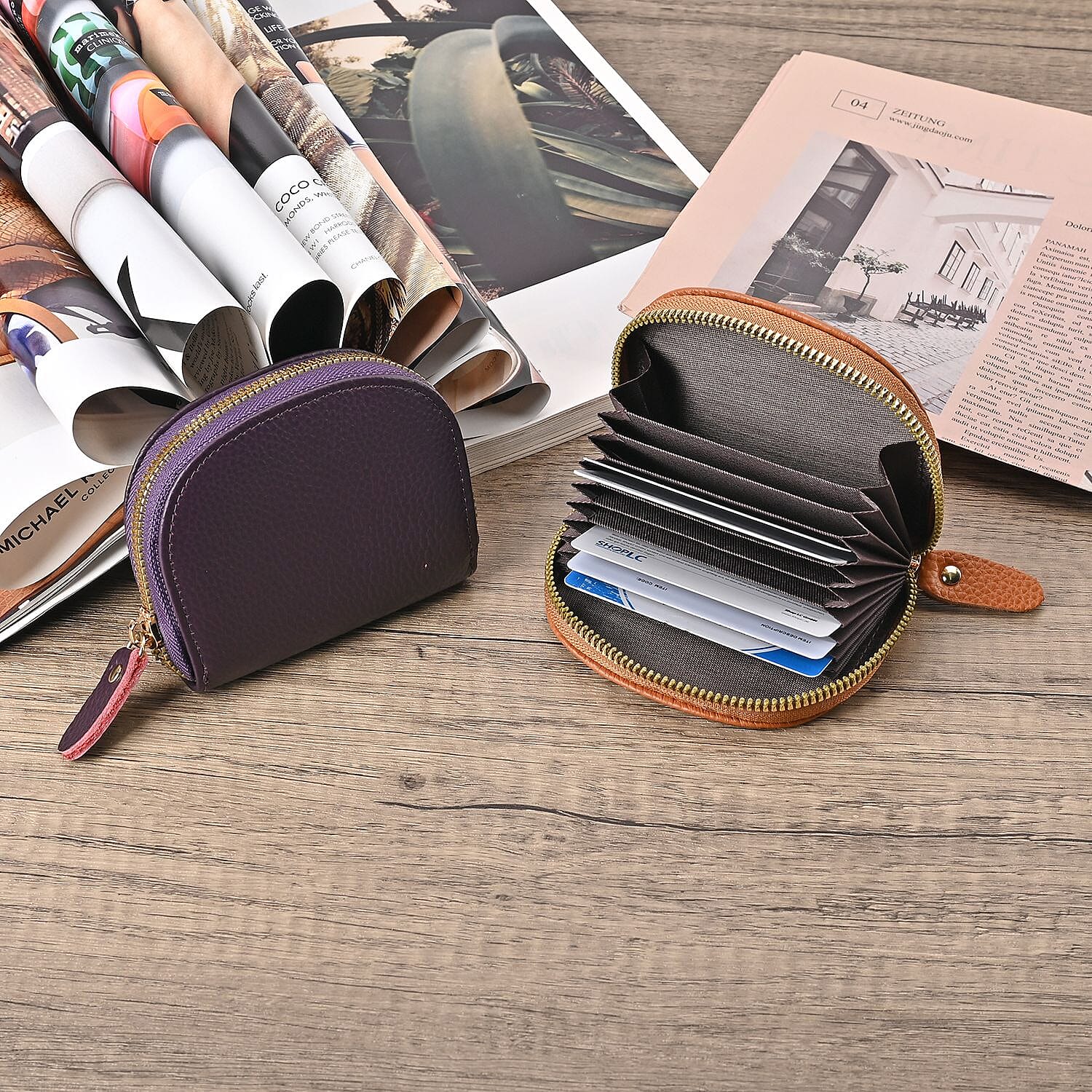Set of 2 Genuine Leather Card Wallet with RFID Blocking & 10 Card Slots - Tan & Purple