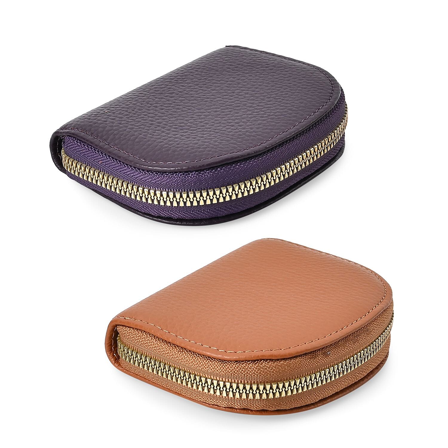 Set of 2 Genuine Leather Card Wallet with RFID Blocking & 10 Card Slots - Tan & Purple