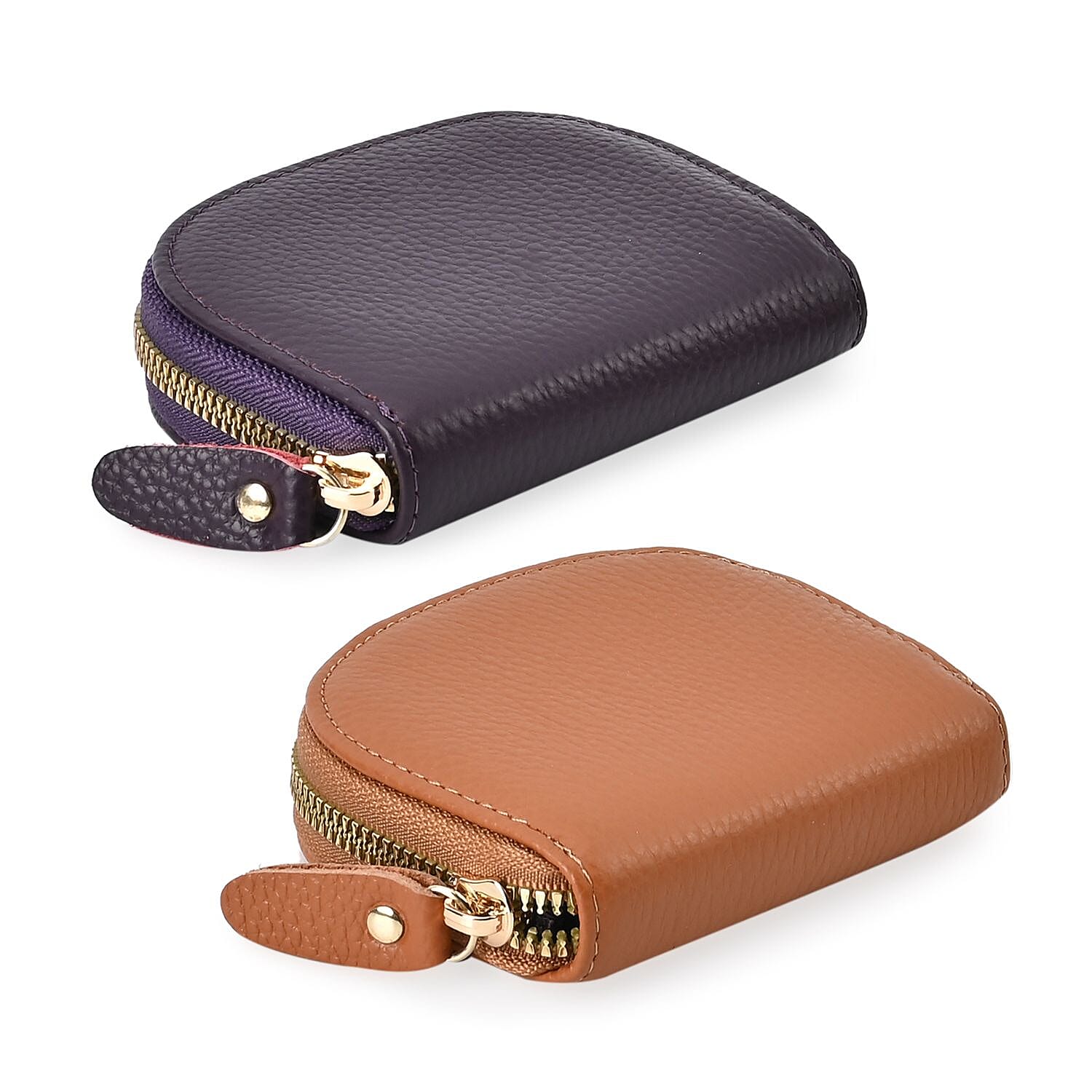 Set of 2 Genuine Leather Card Wallet with RFID Blocking & 10 Card Slots - Tan & Purple