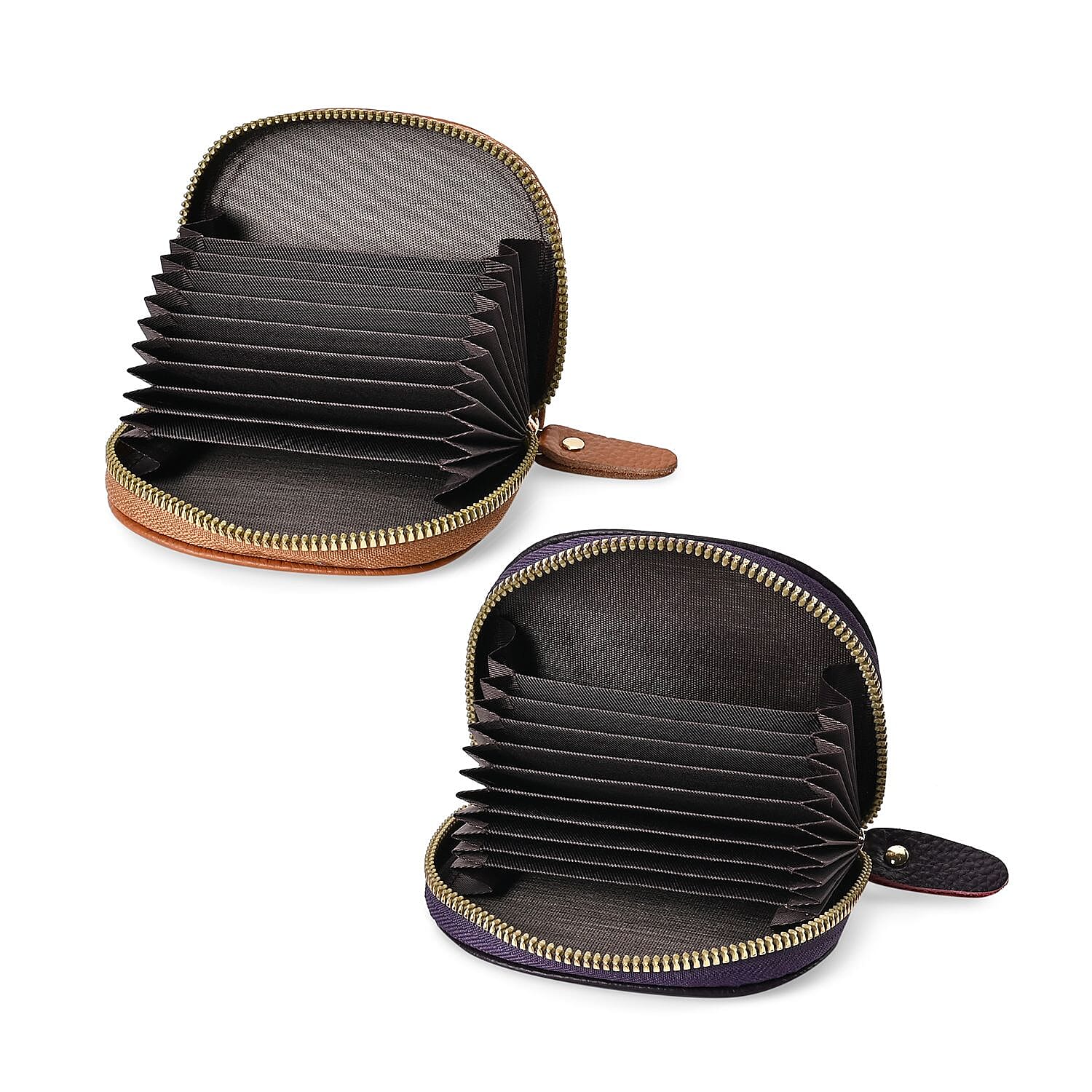 Set of 2 Genuine Leather Card Wallet with RFID Blocking & 10 Card Slots - Tan & Purple