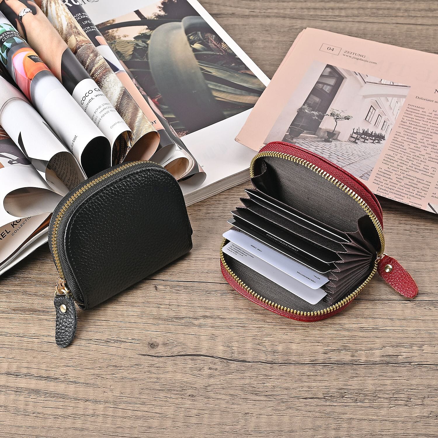 Set of 2 Genuine Leather Card Wallet with RFID Blocking & 10 Card Slots - Burgundy & Black