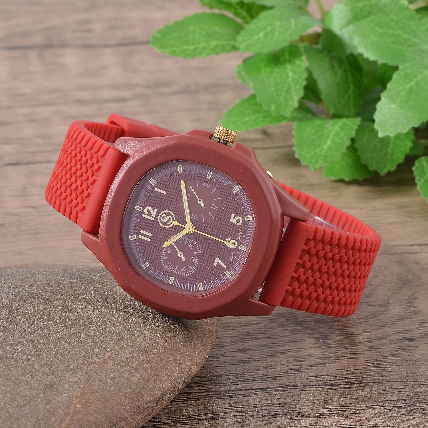 STRADA Japanese Movement Analog Watch With Red Silicone Strap