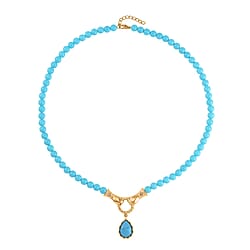 Blue Shell Pearl & Sleeping Beauty Colour Howlite & Red Austrian Crystal Hand Charms Necklace (Size - 24) in Yellow Gold Tone