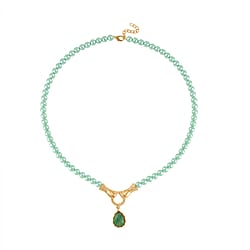 Blue Shell Pearl & Sleeping Beauty Colour Howlite & Red Austrian Crystal Hand Charms Necklace (Size - 24) in Yellow Gold Tone