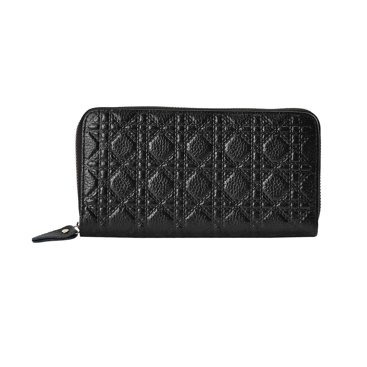  Genuine Leather Wallet with Embossed Quadrate Pattern & RFID Blocking - Black