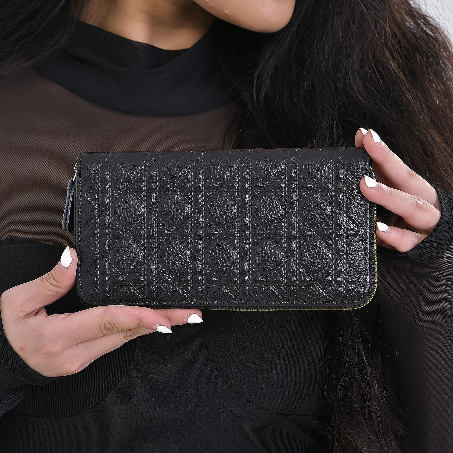  Genuine Leather Wallet with Embossed Quadrate Pattern & RFID Blocking - Black