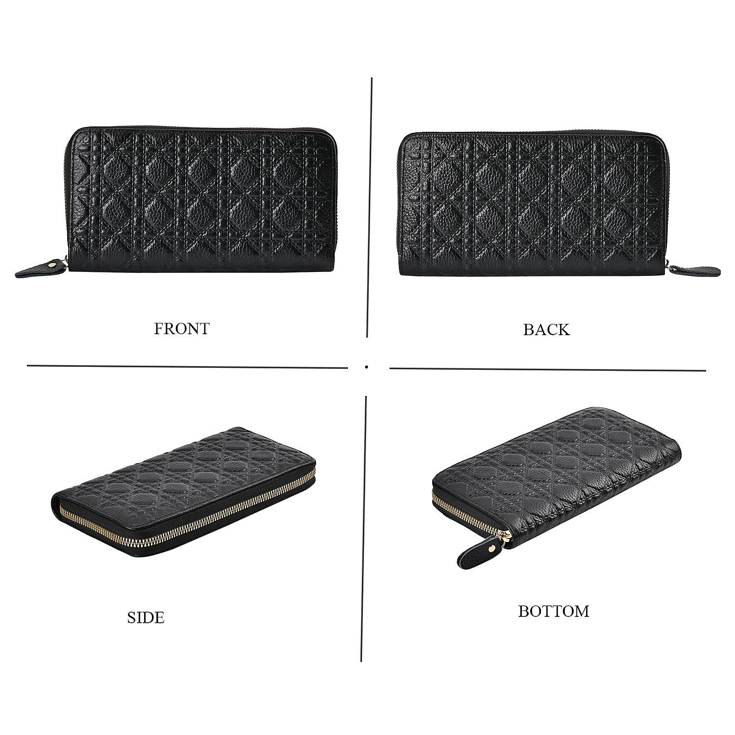  Genuine Leather Wallet with Embossed Quadrate Pattern & RFID Blocking - Black